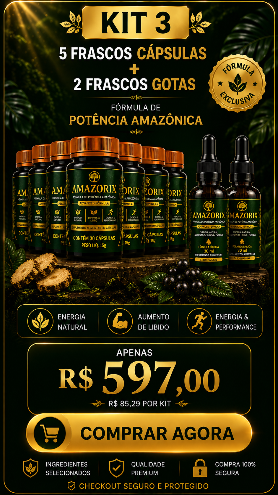 KIT 3 AMAZORIX — R$ 597,00 (5 frascos cápsulas + 2 frascos gotas)
