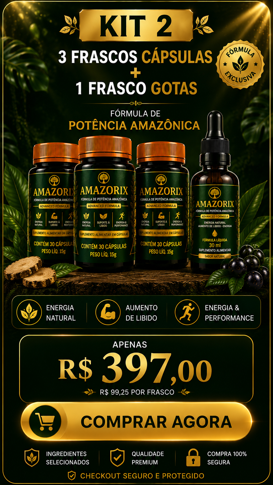 KIT 2 AMAZORIX — R$ 397,00 (3 frascos cápsulas + 1 frasco gotas)