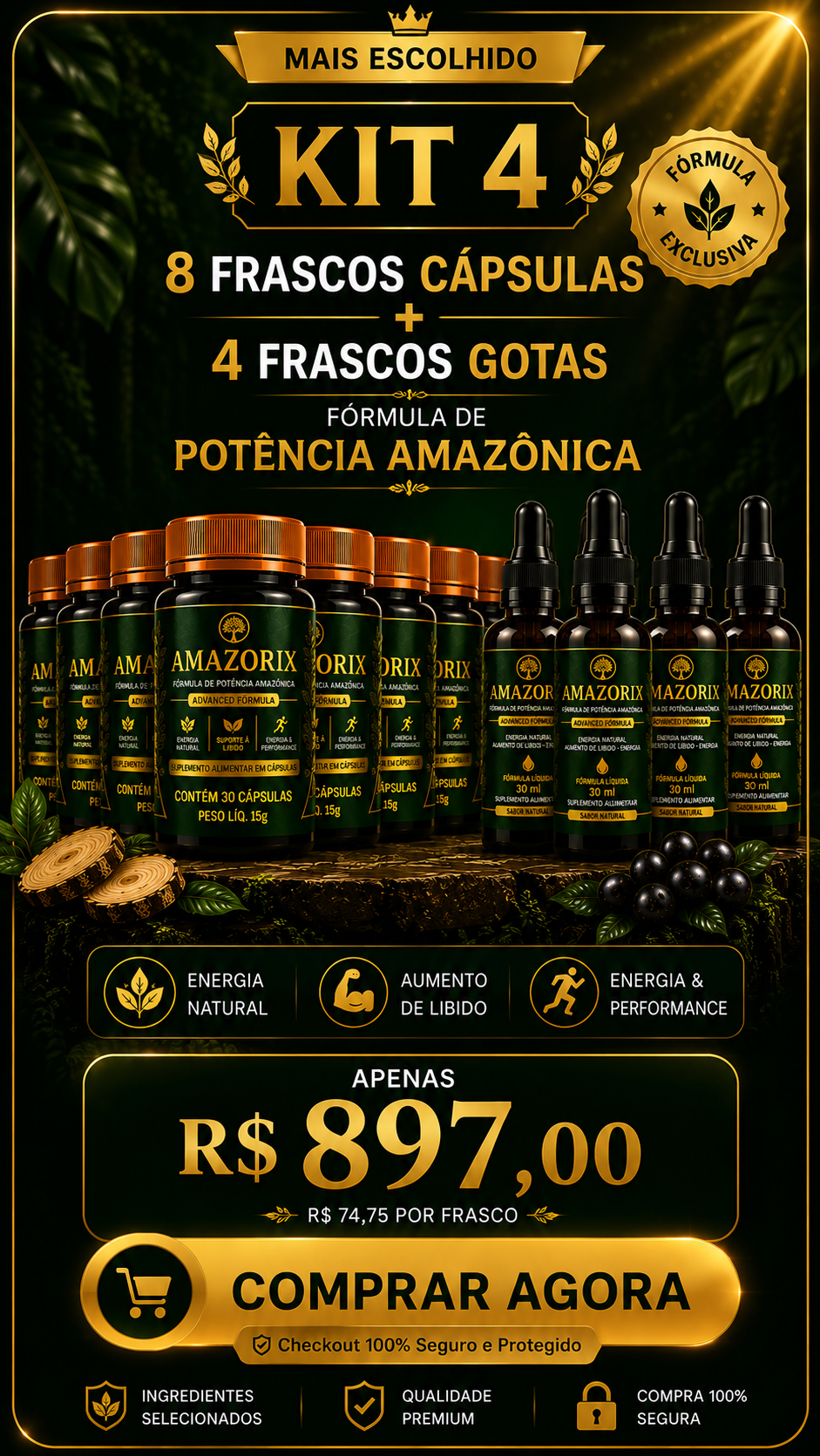 KIT 4 AMAZORIX — R$ 897,00 (8 frascos cápsulas + 4 frascos gotas)