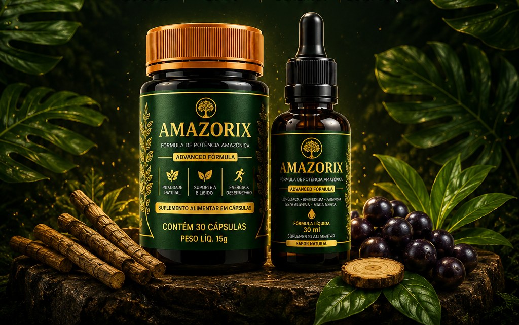 Frascos do suplemento AMAZORIX em cenário de floresta amazônica